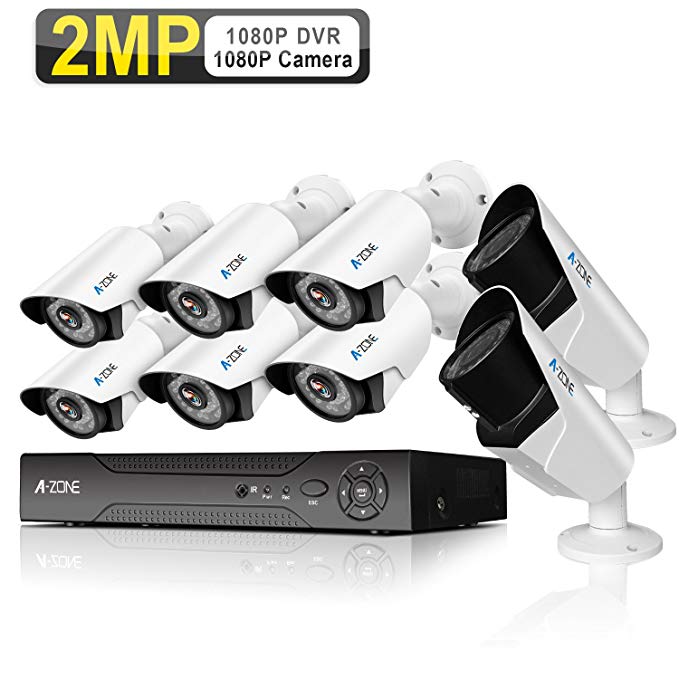 Home Security Camera System, A-ZONE 8 channel 1080P DVR W/6x HD 1080P Waterproof Night vision Fixed bullet Camera & 2x HD 2.0MP Varifocal Camera IR 2.8-12mm Lens Camera,Customizable Motion Detection