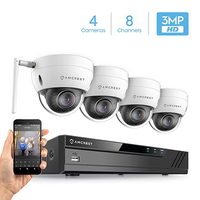 Amcrest 4K 8CH Security Camera System w/H.265 4K (8MP) NVR, (4) x 3-Megapixel IP67 Weatherproof Metal Dome Wi-Fi IP Cameras (2304x1296P), 3.6mm Wide Angle Lens, 98ft Nightvision (White)