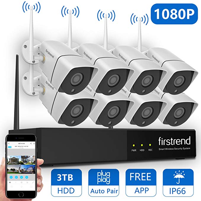 1080P Wireless Security Camera System, Firstrend 8CH Wireless NVR System With 8pcs 1080P HD Security Camera and 3TB Hard Drive Pre-installed,P2P Wireless Security System for Indoor and Outdoor Use