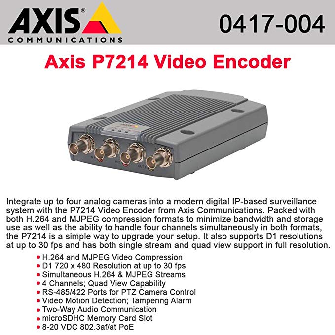 AXIS 0417-004 Four-channel video encoder. Dual streaming H.264 and Motion JPEG on all channels. Max D1 resolution at 30/25 (NTSC/PAL) fps on all strea