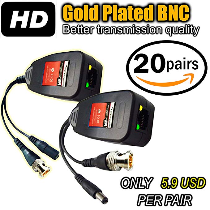 UTP balun hd Ventech cat5 to bnc video baluns transceiver passive with power connector compatible with all CCTV technologies( analog AHD TVI CVI ntsc pal ) 20 PAIRS rj45 75 ohn connectors