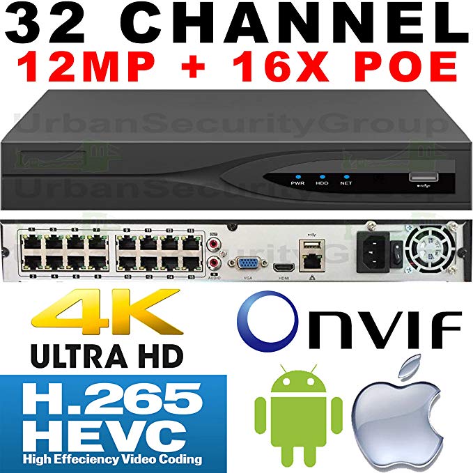 USG IP Network 12MP 32 Channel Security NVR with 16x PoE Ports Built-In 40963072 Resolution 2x SATA, H.265, ONVIF 2.4, RTSP, HDMI, VGA, USB, Audio, Alarm, Gigabit RJ45, DK8, Face Detection, Cloud