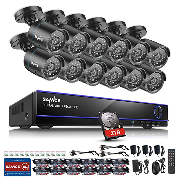 SANNCE 16CH AHD 720P Security DVR Recorder with 2TB Hard Drive and (12) 720P Hi-Resolution Weatherproof Cameras