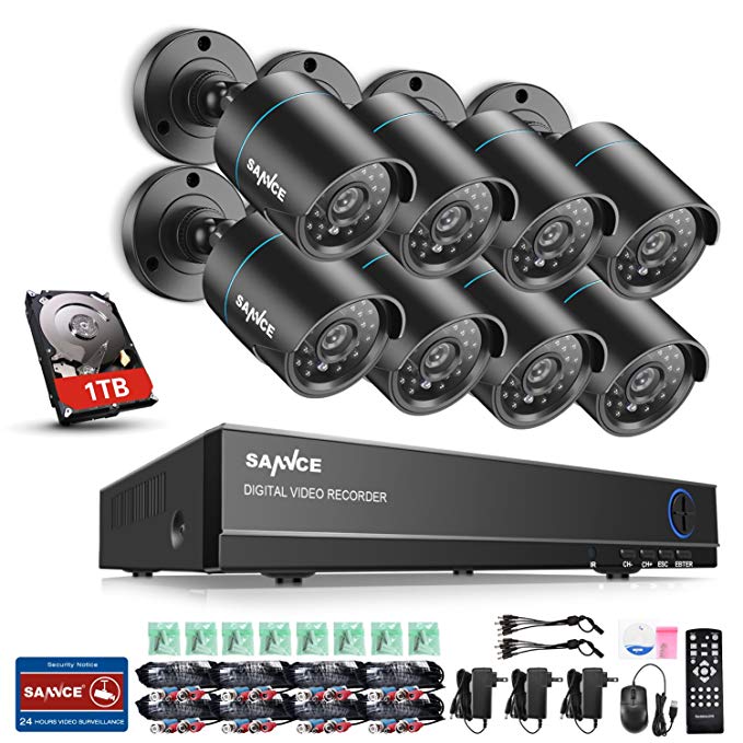 SANNCE 8 Channel HDMI CCTV 1080P Lite Security Surveillance DVR System with 8 x 1500TVL 720p High Resolution Weatherproof Security Cameras and 1TB Hard Drive Included,Email Alarm, Phone Access