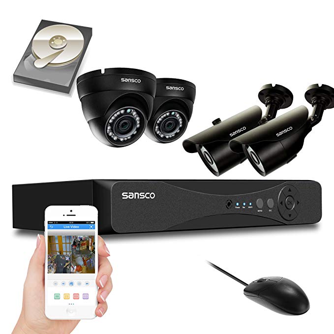 SANSCO CCTV Security Camera System with 4-Channel 1080N Smart DVR, 2 Bullet Cameras and 2 Dome Cameras (All HD 720p 1MP), 1TB Internal Hard Drive Disk - All-in-One Wired Surveillance Kit