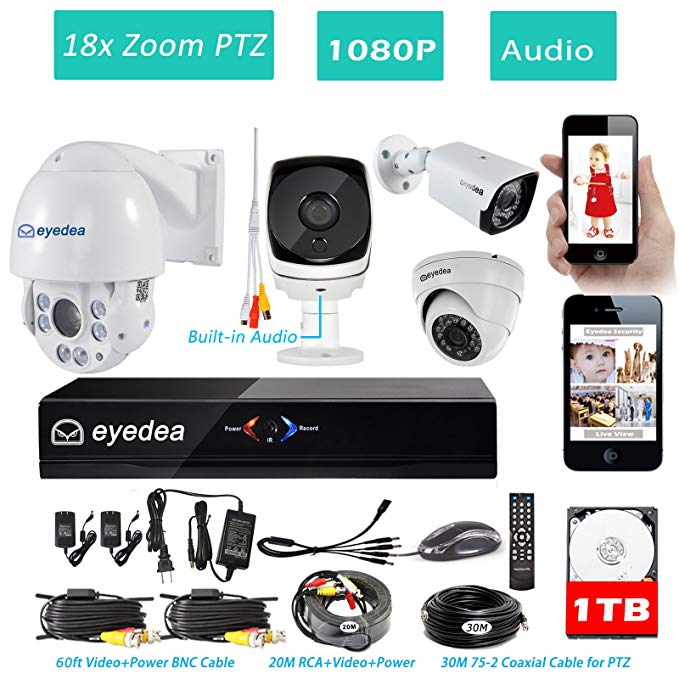 Eyedea H 1080P 8 CH DVR 18x Zoom Outdoor PTZ Speed Dome Audio CCTV Security Camera System