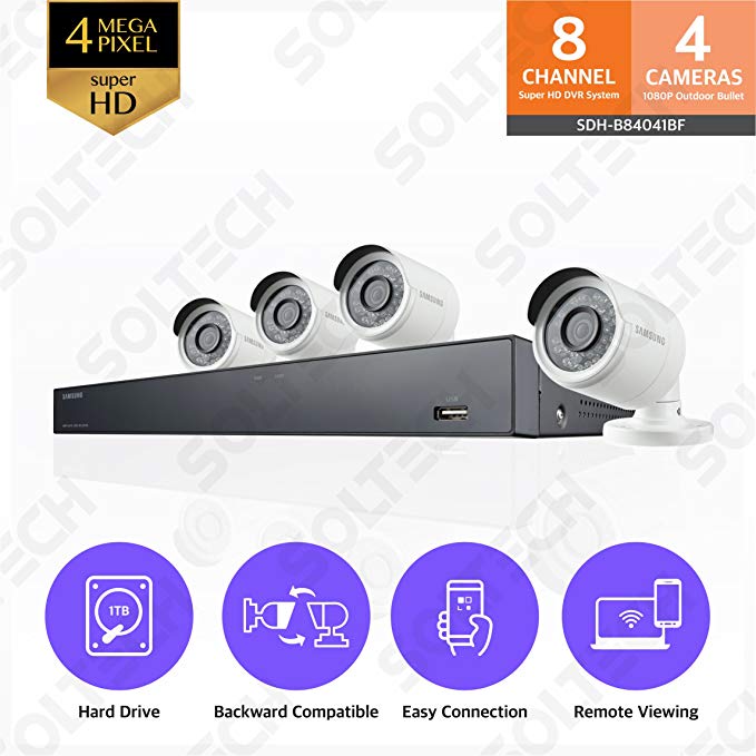 Samsung Wisenet SDH-B84041BF 8 Channel 4MP Super HD DVR Video Security System with 1TB Hard Drive and 4 1080p Weather Resistant Bullet Cameras (SDC-9443BC)