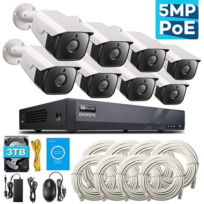 ONWOTE 8 Channel 5MP PoE Security Camera System with 3TB Hard Drive, 8 Outdoor 5 Megapixels 2592x 1944P 100ft IR Night Vision Video Surveillance Ethernet IP PoE Cameras, Industrial Grade