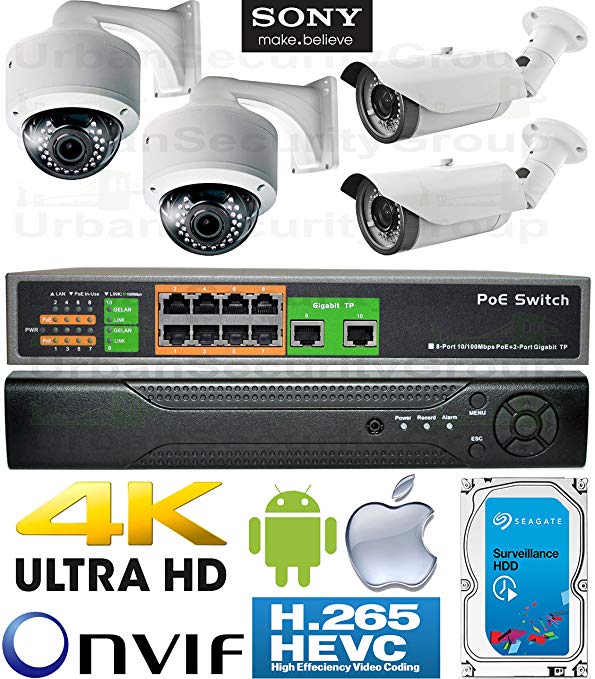 USG 4 Camera Security System : PoE IP CCTV Kit: 4x 2MP 2.8-12mm Vari-Focal Lens Bullet & Dome Cameras + 1x 5MP Ultra 4K H.265 NVR + 1x 10 Port PoE Network Switch + 1x 4TB HD : View On Phone