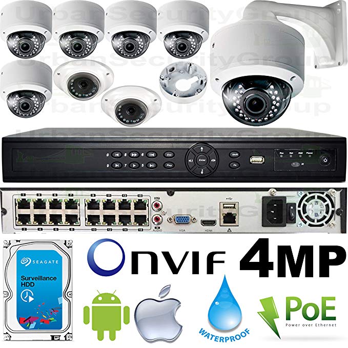 USG Business Grade 4MP 2592x1520 8 Camera HD Security System : Ultra 4K 16 Channel Security NVR + 6x BIG & 2x DISCREET 4MP 2.8-12mm PoE IP DOME Cameras + 1x 4TB HDD : Apple Android Phone App