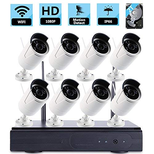 ZY Wifi Wireless Network/IP Security Camera System Video Surveillance CCTV NVR Kits Plug&Play, P2P,with 8PCS of HD 1080P IP66 Waterproof Outdoor IP Bullet Camera (With 2TB HDD) (1080P)