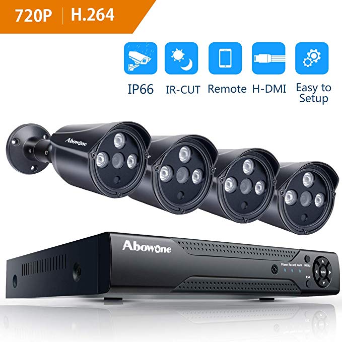 Home Security Camera System Outdoor Cameras Abowone 8 Channels 1080N CCTV DVR Recorder and 4 x 720P HD（1280TV line） IP66 Weatherproof Outdoor Bullet Security Surveillance Cameras