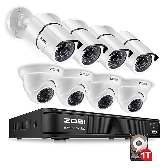 ZOSI 720p HD-TVI 8 Channel Security Camera System,1080N Surveillance DVR Reorder with Hard Drive 1TB and (8) HD 1280TVL Outdoor/Indoor Weatherproof CCTV Cameras,Remote Access and Motion Detection