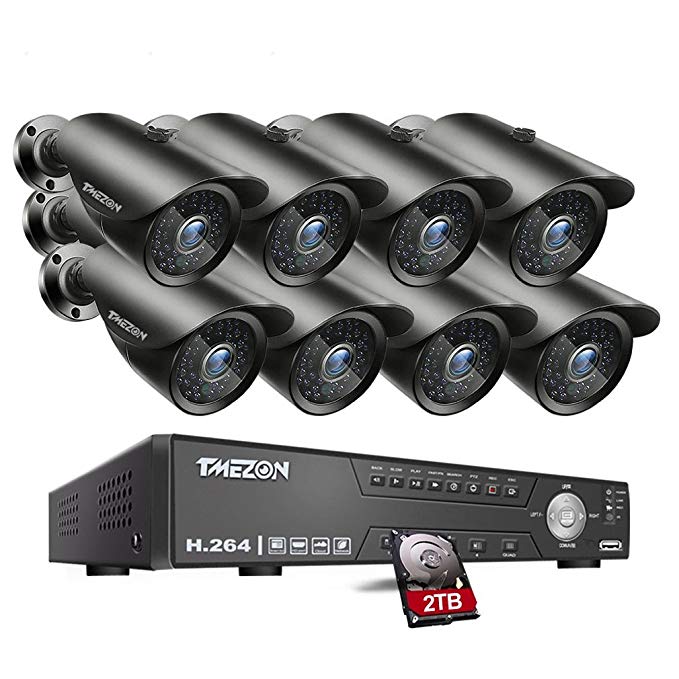 TMEZON 8 Channel 1080P HDMI AHD DVR HVR NVR 5 in 1 Security System including 8 x 2000TVL 2.0MP Waterproof Bullet Surveillance Camera w/42 IR Leds Night Vision Up to 130ft Remote View 2TB HDD