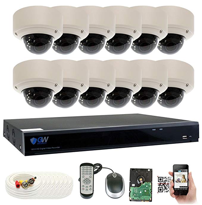 GW Security 16 Channel 5 Megapixel 5 in 1 DVR + 12 x HD-TVI 5MP 1920P Vari-Focal Zoom Outdoor / Indoor CCTV Dome Security Camera System with Pre-Installed 4TB Hard Drive