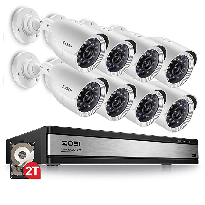 ZOSI 720p 16 Channel HD Security Camera System,16 Channel Hybrid DVR with (8) 720p(1280TVL) Weatherproof Indoor/Outdoor Surveillance Bullet Camera CCTV (2TB HDD Included)