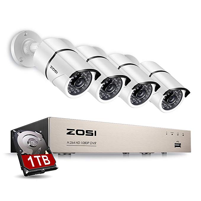 ZOSI 4CH FULL TRUE 1080P Video Security DVR 4X 1080P HD Weatherproof Surveillance Camera System 1TB HDD White(100ft night vision Motion Alert Smartphone& PC Easy Remote Access) (Certified Refurbished)