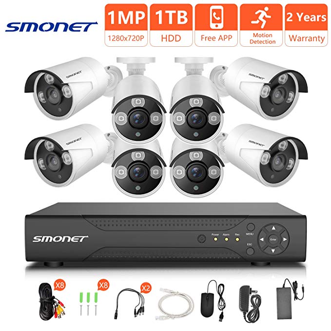 [2018 NEW]HD Security Camera System,SMONET 8CH 1080N Home Security Camera System(1TB Hard Drive),8pcs 720P Security Cameras,Video Surveillance System for Easy Remote Monitoring,Super Night Vision