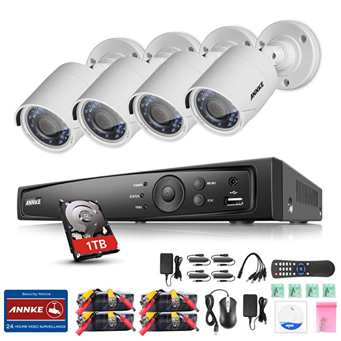 ANNKE 4CH Full 1080P Surveillance DVR with 1TB Hard Drive and (4) 2.0MP Outdoor Fixed Night Vision CCTV Cameras with IP66 Weatherproof Housing