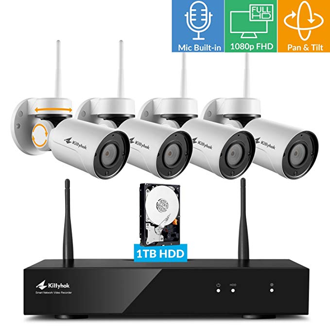 [Pan Tilt & Built-in Audio] Kittyhok 1080p Full HD Pan Tilt Wireless Security Camera System Outdoor with 8CH NVR, 4pcs WiFi PT Cameras and 1TB HDD, 4X Digital Zoom, Night Vision, Mobile Remote Access