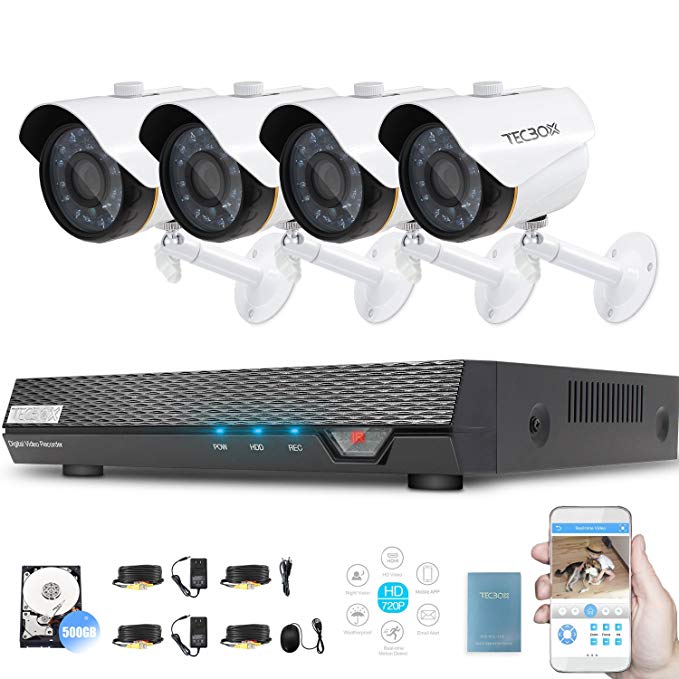 Tecbox Security Video Camera System 4CH 720P Security DVR with 500G HDD and 4 Weatherproof Surveillance Cameras Day & Night CCTV Camera System Motion Alert Video Camera Kit