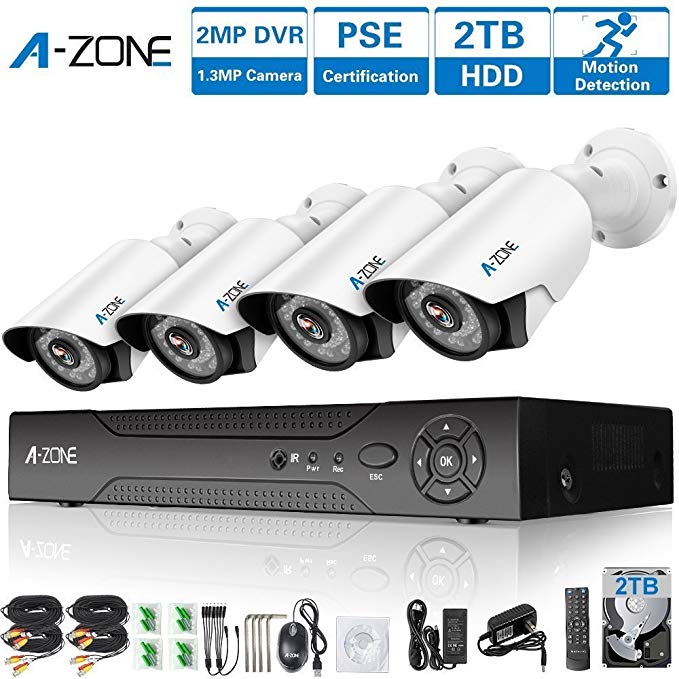 A-ZONE Security Camera System 4 Channel 1080P DVR 4 x 960P HD Waterproof Night Vision Indoor/Outdoor Home CCTV Video Wired Surveillance Kits, Customizable Motion Detection,Pre-installed 2TB HDD