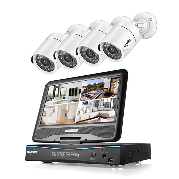 SANNCE 4CH 720P DVR Security Camera System and 4pcs 1.0 MP 1280TVL Bullet CCTV Cameras, Built-in 10.1 inches Monitor, Support P2P Technology, QR Code Scan Phone Remote Access Viewing - NO HDD