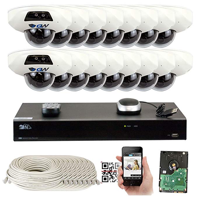 GW Security 16 Channel NVR 5 Megapixel H.265 Security Camera System, 16 Built-In Microphone Audio Recording HD 1920P IP PoE Dome Cameras, QR-Code Connection