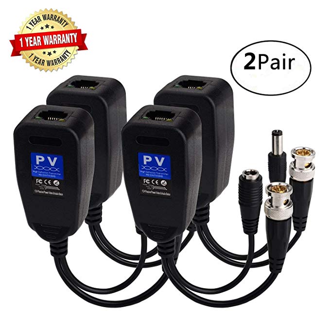 HD-CVI/TVI Video Balun,720P/1080P Passive Transmitter/Transceivers with DC Built-In Transient Suppression Protection for CCTV Security/Surveillance Camera Systems Use(No Power Required) 2Pairs/4Pack