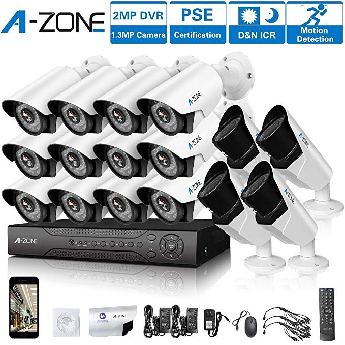 A-ZONE 16 CH 1080P DVR AHD Security Camera 16 System W/12x HD 960P 1.3MP Fixed Camera Home Surveillance System & 4x HD 1.3MP Varifocal Camera IR 2.8-12mm Lens Camera-Including 2TB HDD