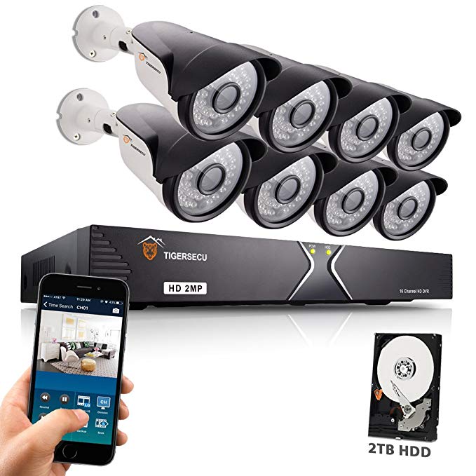 TIGERSECU Wired Home Security Camera System - Super HD 1080P 16-Channel Surveillance DVR 2TB Hard Drive 8 Security Cameras