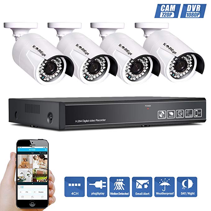 KAREye Surveillance Cameras System, 8CH 5-in-1 HDMI DVR System with 4x 1.0MB Bullet Security Cameras, Motion Detection and 100Feet IR Night Vision