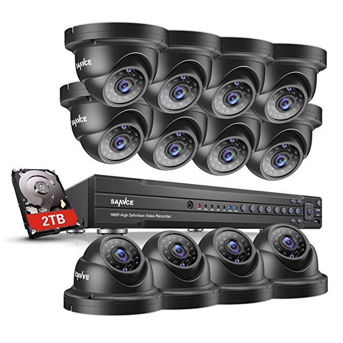 SANNCE 16-Channel 2TB Hard Drive Home Security Camera System, 1080P HD-TVI DVR Recorder and (12) 2.0MP 1080P 100ft Night Vision Indoor/Outdoor Weatherproof Surveillance Dome Cameras