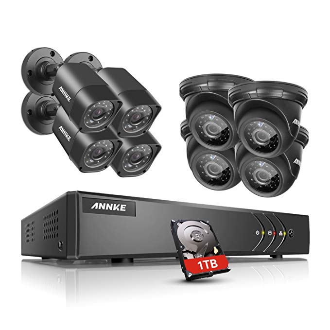 ANNKE 8CH 720P Security DVR System 1TB Hard Drive and (8) HD 1.0MP Outdoor Surveillance CCTV Cameras, IP66 Weatherproof Housing, Super Night Vision, Motion Detection