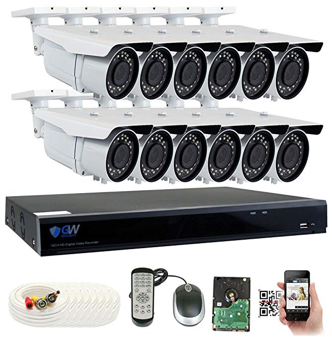 GW 5 Megapixel HD 1920P Complete Security System | (12) x 5MP Outdoor 3.3-12mm Varifocal Zoom Bullet Security Cameras, 16-Channel Plug and Play 5-In-1 DVR, True 5MP Double the resolution of 2MP 1080P