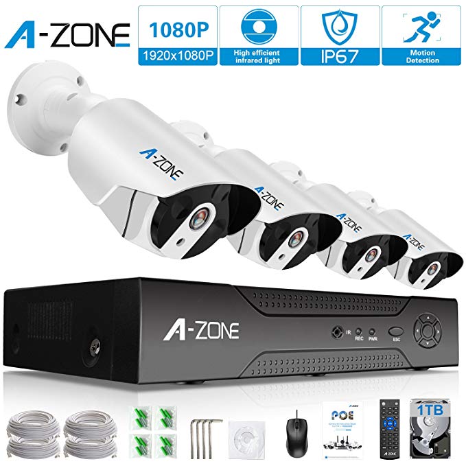 Security Camera System, A-ZONE 8 Channel NVR 4x1080P HD IP PoE Outdoor/Indoor 3.6mm Fixed lens IP67 Waterproof Bullet Cameras with IR Night Vision LEDs Home CCTV Video Surveillance Kit-1TB hard drive