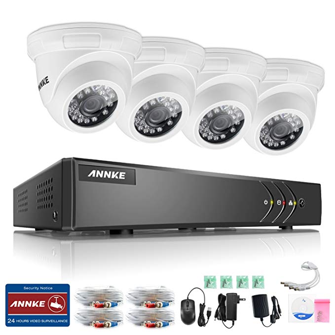 ANNKE Security CCTV System 4CH 1080P Lite HD TVI Security DVR with 4x 720P 1.0MP Indoor/Outdoor Camera, Super Night Vision, IP66 Weatherproof, No HDD