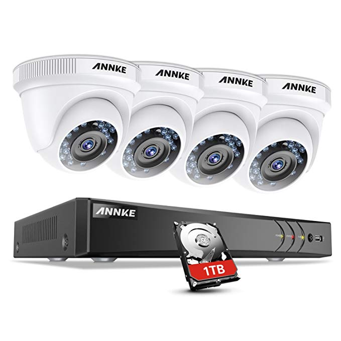 ANNKE 8-Channel 1080P HD-TVI Security Camera System TVI/CVI/AHD/CVBS/IP 5-in-1 DVR with 1TB Hard Drive and (4) 2.0MP 1920 TV-Lines Weatherproof Cameras, QR Code Scan Free Remote View