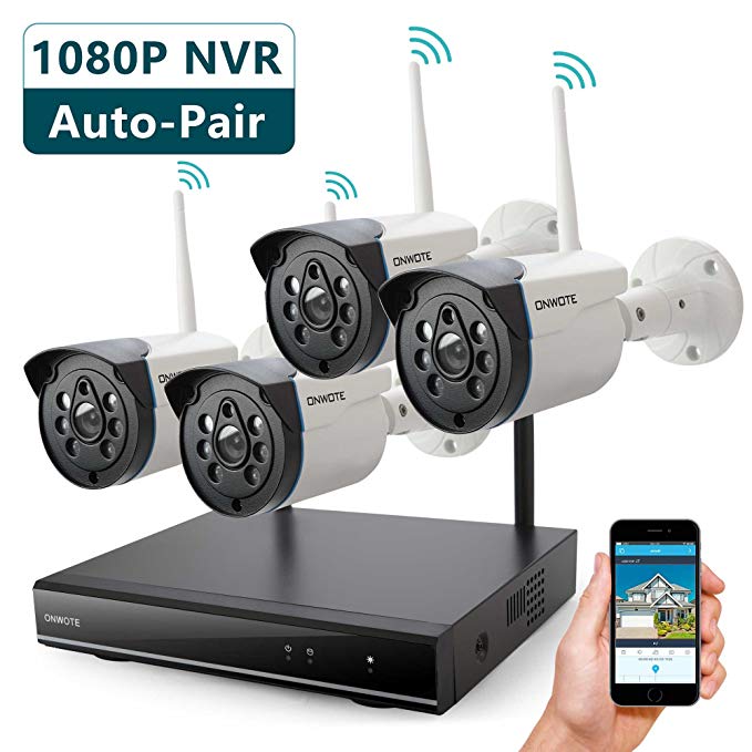 Wireless Security Camera System Outdoor, ONWOTE 1080P HD NVR with 4 960P HD 1.3MP Night Vision IP Security Surveillance Cameras for Home, NO Hard Drive (Built-in Router, Auto Pair, Mobile View)