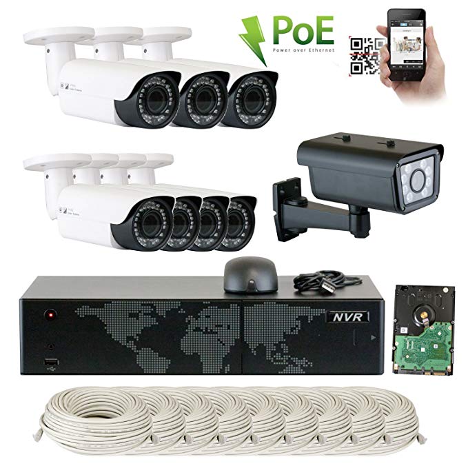 GW Security 16 Channel NVR License Plate PoE Security Camera System with 7 x 5MP 1920p 2.8-12mm Varifocal Bullet IP Camera and 1 x 2M 1080p IP License Plate Camera