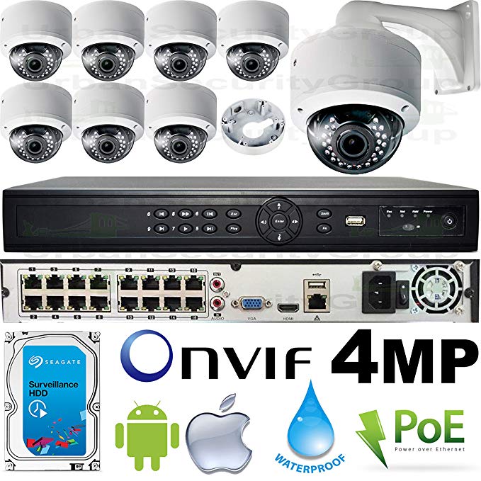 USG Business Grade 4MP 8 Camera HD Security System : Ultra 4K 16 Channel Security NVR + 8x 4MP 2592x1520 2.8-12mm PoE IP Dome Cameras with Bracket & Deep Base + 1x 4TB HDD : Apple Android Phone App