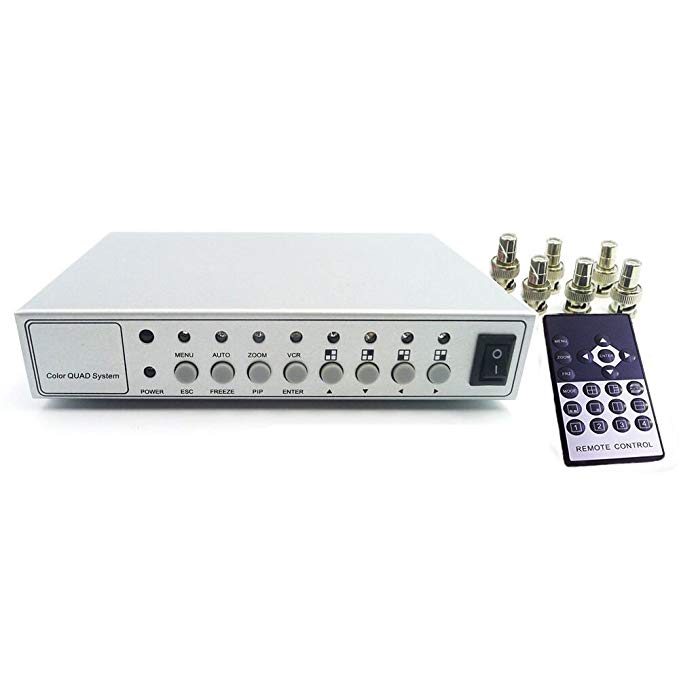 Podofo Hd Color Video Quad Splitter CCTV Video Camera Processor System Kit Switcher Metal Case with 6 BNC adapter