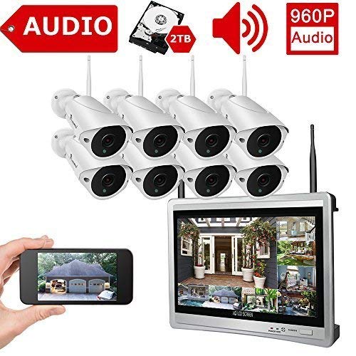 Luowice 8CH Wireless Audio Security Camera System with Built-in Monitor & Router All-in-One 960p 2 TB HDD Indoor/Outdoor HD Surveillance Cameras with Night Vision