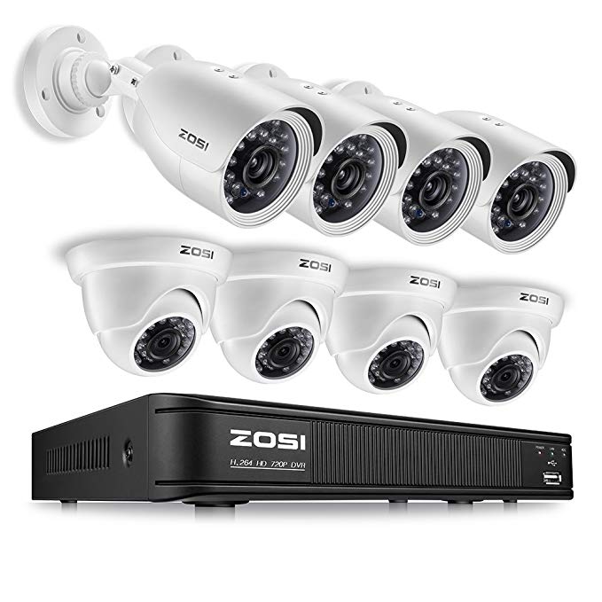 ZOSI 720p HD-TVI Home Security Camera System Full HD, 8 Channel CCTV Dvr Recorder and (8) HD 1.0MP 1280TVL Surveillance Cameras Outdoor/Indoor with Night Vision, Motion Detection (No Hard Drive)