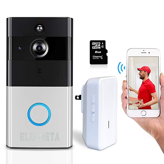 Elzoneta Video Doorbell Wireless Camera - 720P Wifi Doorbell Built-in 8G Card with Door Chime, 166° Wide Angle, IP55, Night Vision, PIR Motion Detection, Real-Time Video and Two-Way Audio