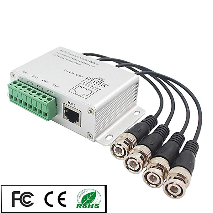 OdiySurveil(TM) 4-CH 720P/1080P HD Passive Video Balun CCTV Camera Transceiver,BNC to Cat5e RJ45 UTP Cable Converter(Aluminium Alloy Shell)