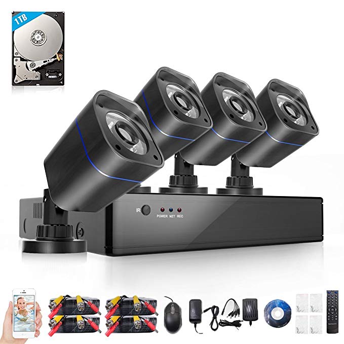 ELECCTV 4CH Home Security Camera System DVR recorder with 4x HD 720P Indoor Outdoor Weatherproof CCTV Cameras, IR Night Vision with 1TB Hard Drive