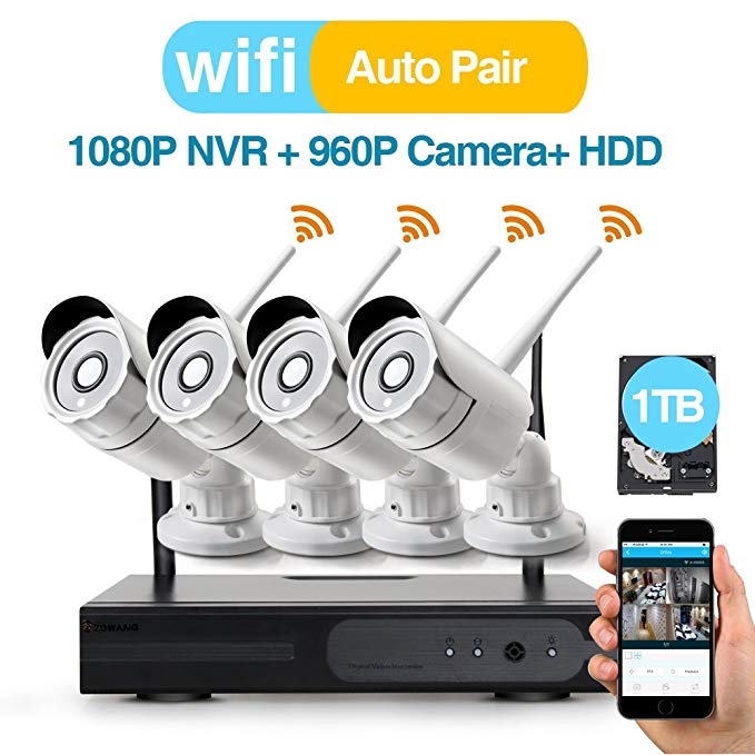 [Better Than 720P] Video Security System 4 Pack- HD 960P WiFi IP Cameras and 1080P NVR with 1TB HDD (WIFI NVR Kits) Smart WiFi Wireless Security Cameras System, IR Night Vision and Remote Access