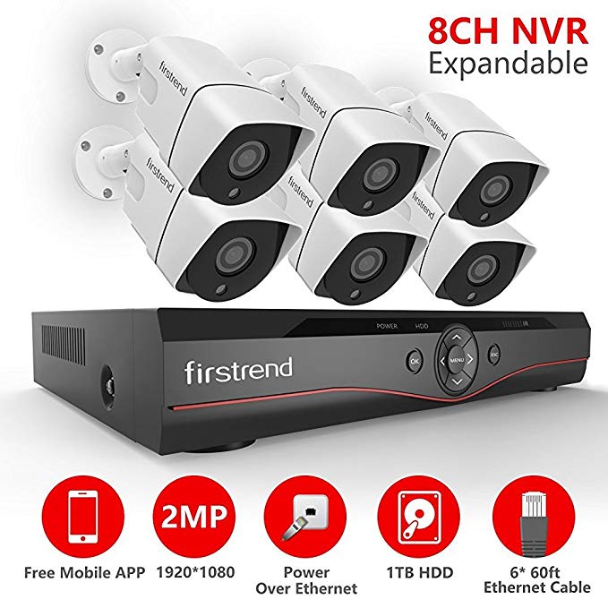 Firstrend [Expandable] 8CH POE Camera System with 6 x 1080P HD Security Camera, Plug and Play Home Security Camera System with Pre-installed 1TB Hard Drive, Free APP and Night Vision