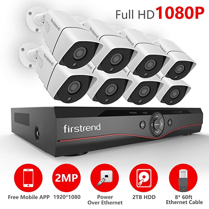 [2018 Newest] Firstrend 8CH POE NVR Security Camera System with 8x 1080P HD Security Camera, Plug and Play Security System with Pre-installed 2TB Hard Drive, Free APP and Night Vision